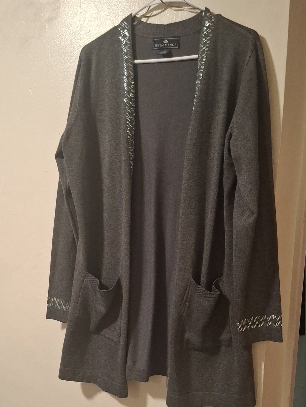 Women's Charcoal Open-Front Cardigan with Metallic Trim